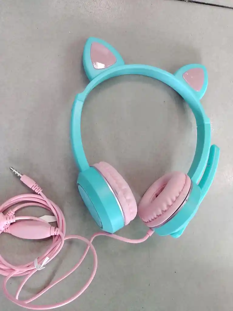 Audífonos Diadema Con Cable Con Diseño De Gato Verde Turquesa