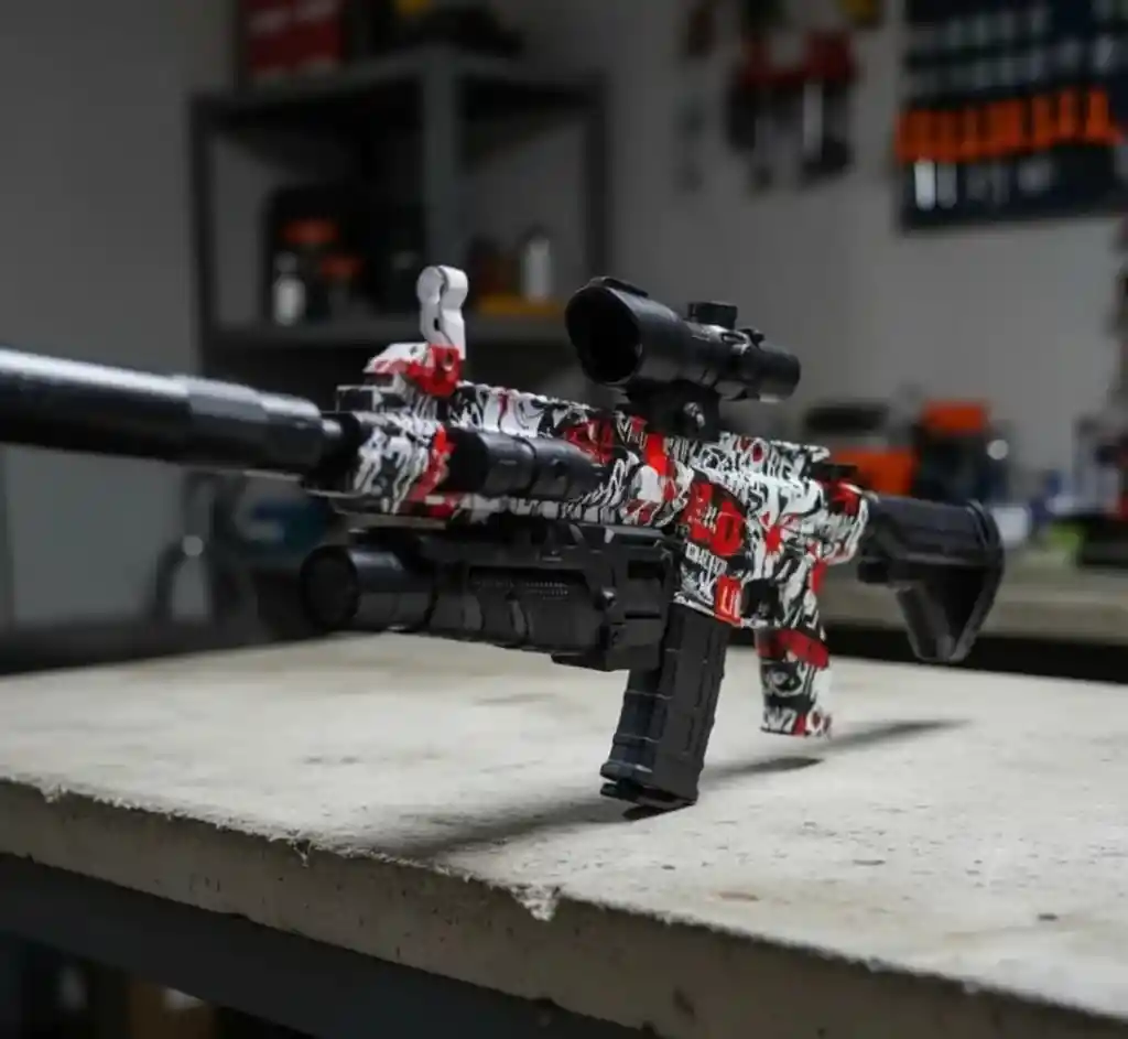 Rifle Rojo M416 De Hidrogel Realista Con Láser, Linterna, Mira Telescópica Y Batería Doble – Lanzador Bolas De Gel + 500 Bolitas