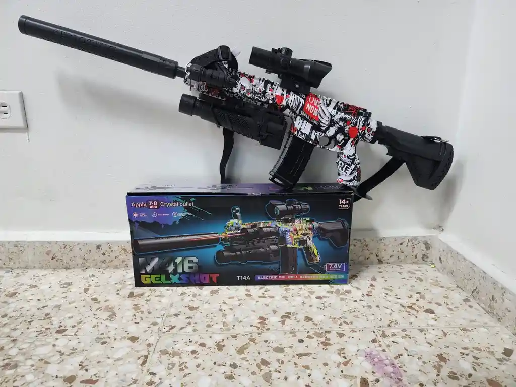 Rifle Rojo M416 De Hidrogel Realista Con Láser, Linterna, Mira Telescópica Y Batería Doble – Lanzador Bolas De Gel + 500 Bolitas