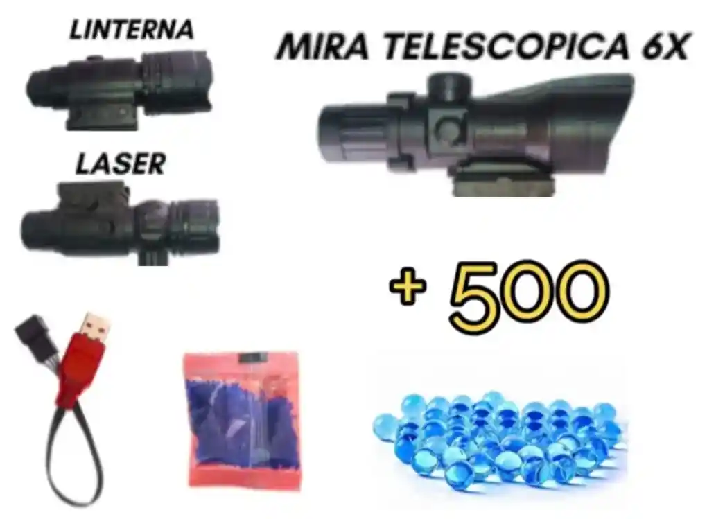 Rifle Rojo M416 De Hidrogel Realista Con Láser, Linterna, Mira Telescópica Y Batería Doble – Lanzador Bolas De Gel + 500 Bolitas