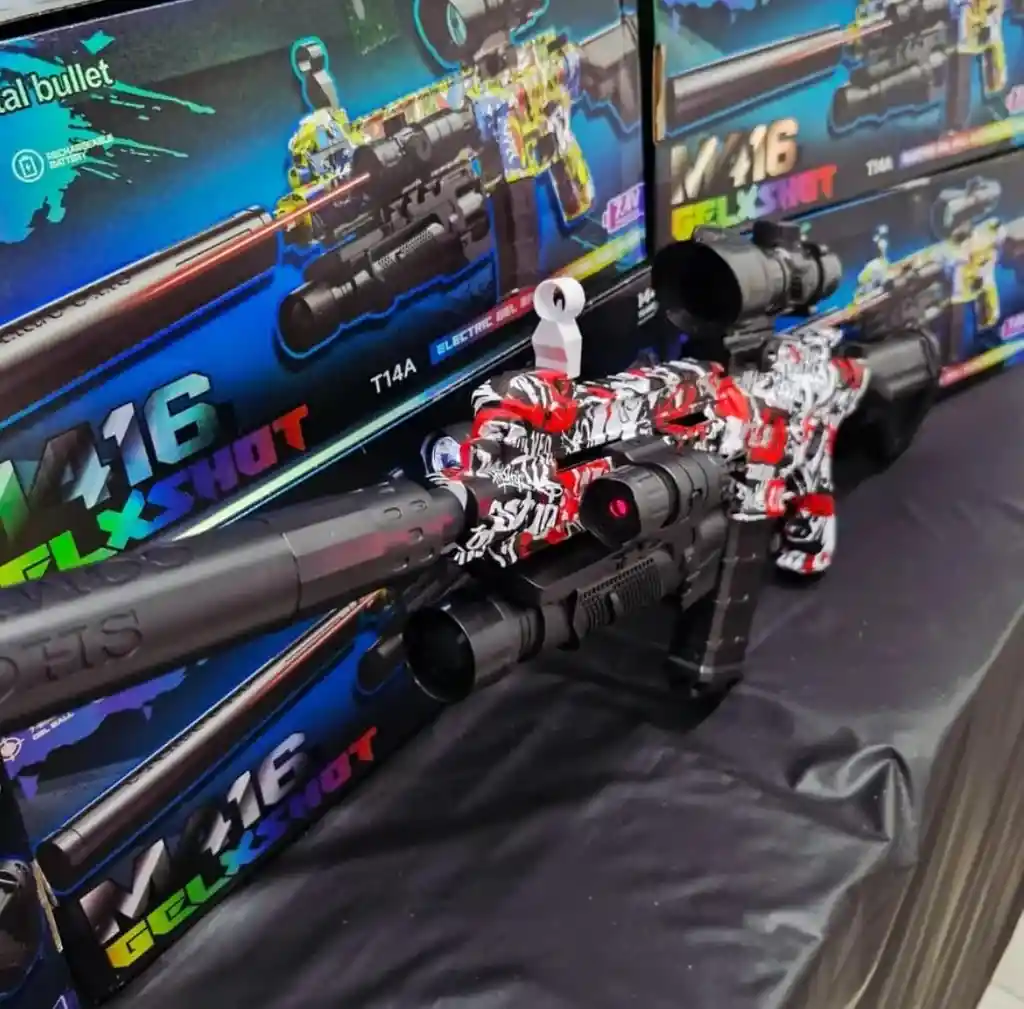 Rifle Rojo M416 De Hidrogel Realista Con Láser, Linterna, Mira Telescópica Y Batería Doble – Lanzador Bolas De Gel + 500 Bolitas