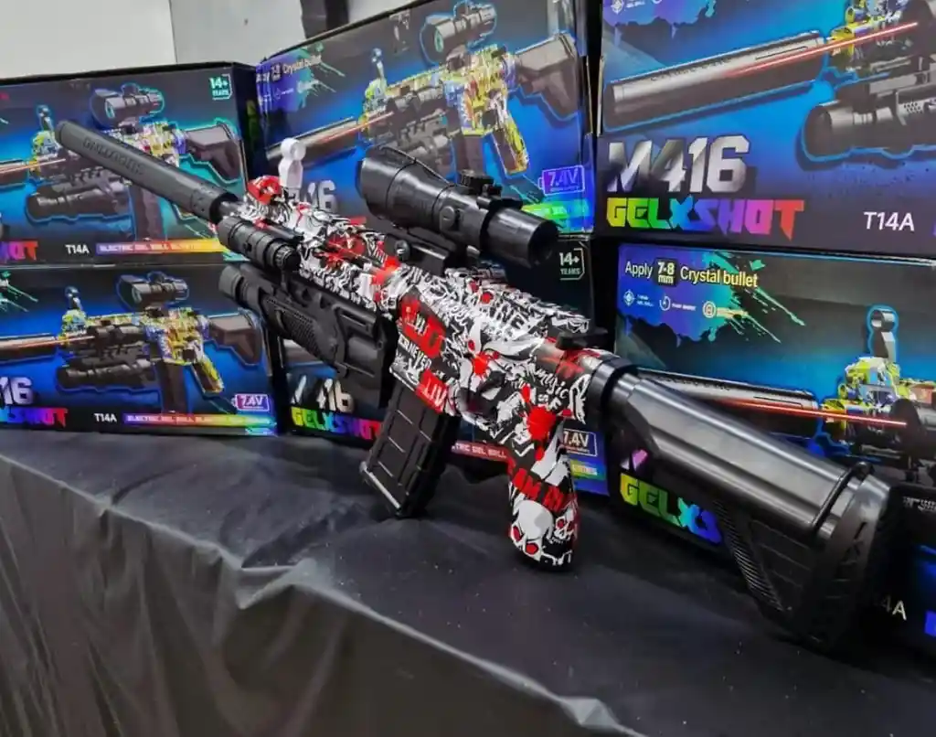 Rifle Rojo M416 De Hidrogel Realista Con Láser, Linterna, Mira Telescópica Y Batería Doble – Lanzador Bolas De Gel + 500 Bolitas
