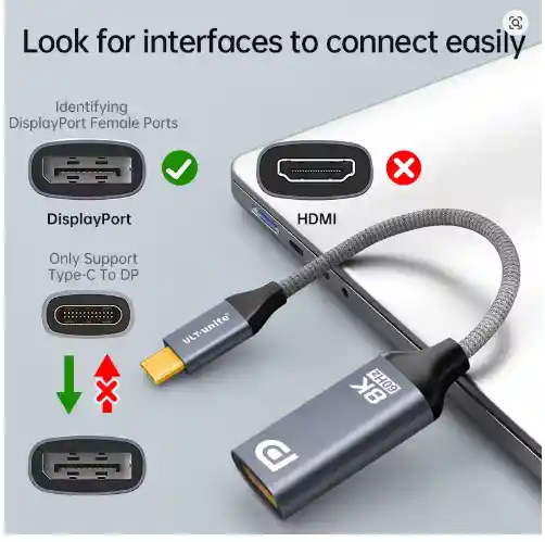 Adaptador Tipo C A Displayport 8k 60hz | Cable Macho A Hembra: Monitores Y Tarjetas Gráficas