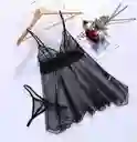 Babydoll Pijama Lencería De Malla Transparencia Y Encaje Negro