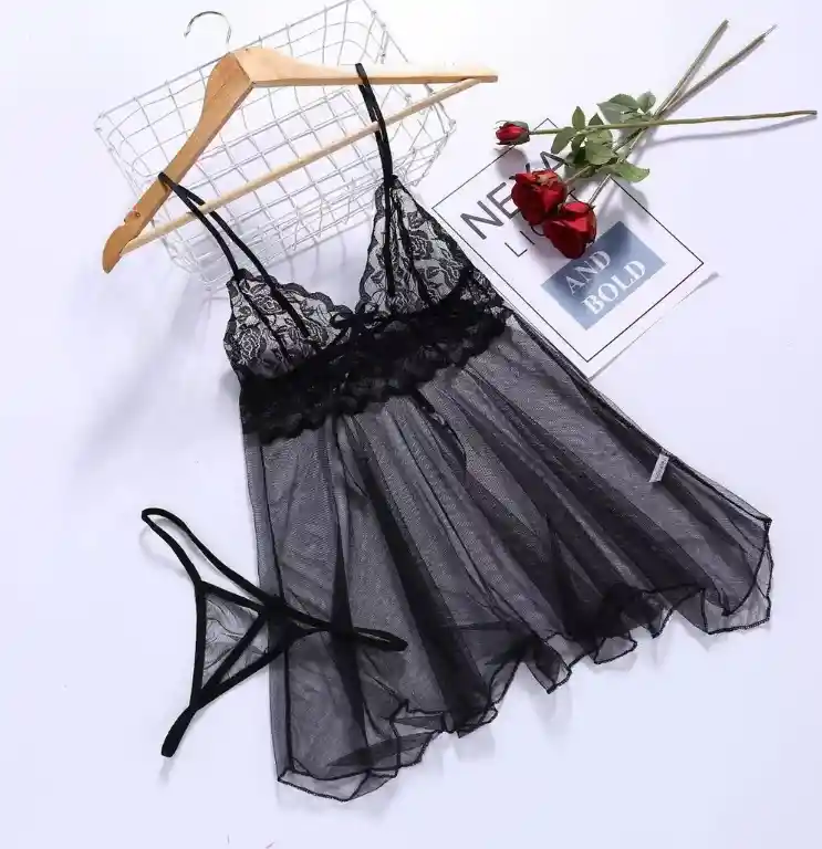 Babydoll Pijama Lencería De Malla Transparencia Y Encaje Negro