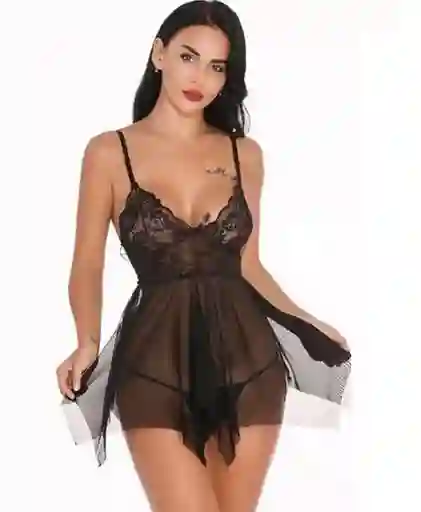 Babydoll Pijama Lencería De Malla Transparencia Y Encaje Negro
