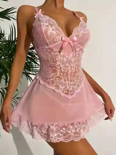 Babydoll Pijama Lencería Encaje Color Rosa