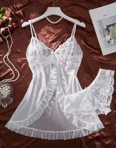 Babydoll Pijama Suave Lencería De Malla Transparencia Y Encaje Blanco