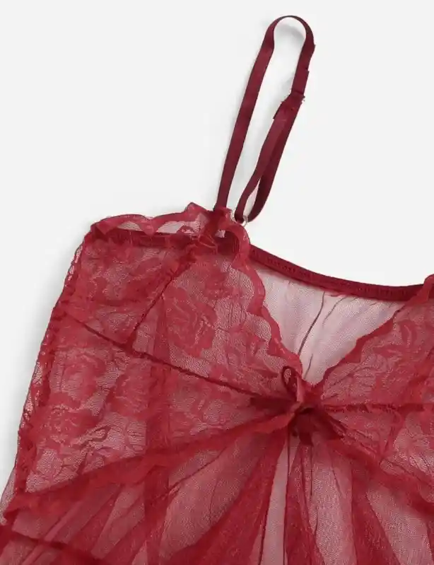 Babydoll Pijama Lencería De Malla Transparencia Y Encaje Color Vino