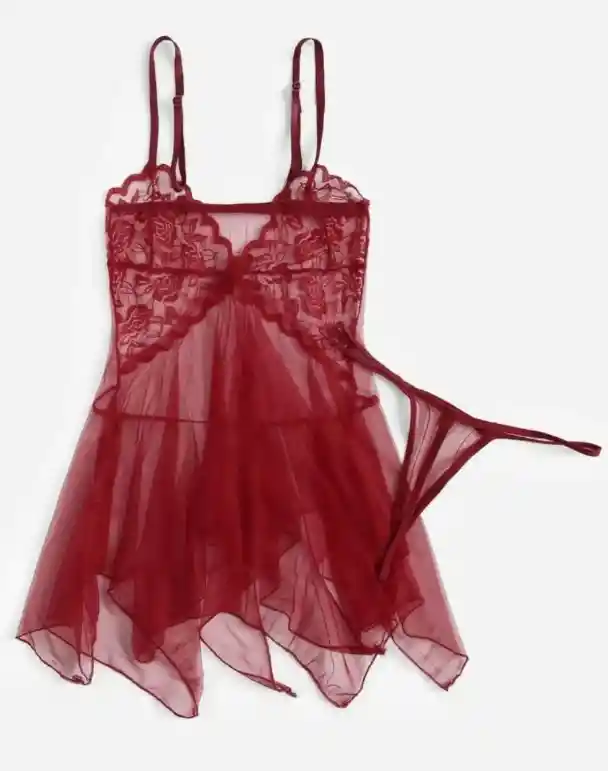 Babydoll Pijama Lencería De Malla Transparencia Y Encaje Color Vino