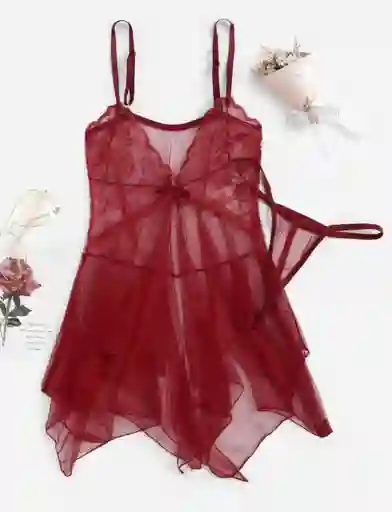 Babydoll Pijama Lencería De Malla Transparencia Y Encaje Color Vino