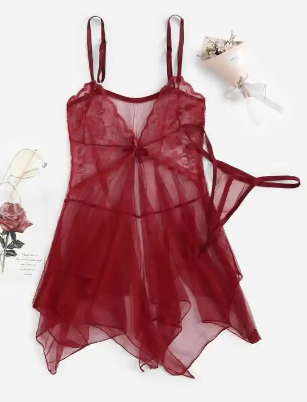 Babydoll Pijama Lencería De Malla Transparencia Y Encaje Color Vino