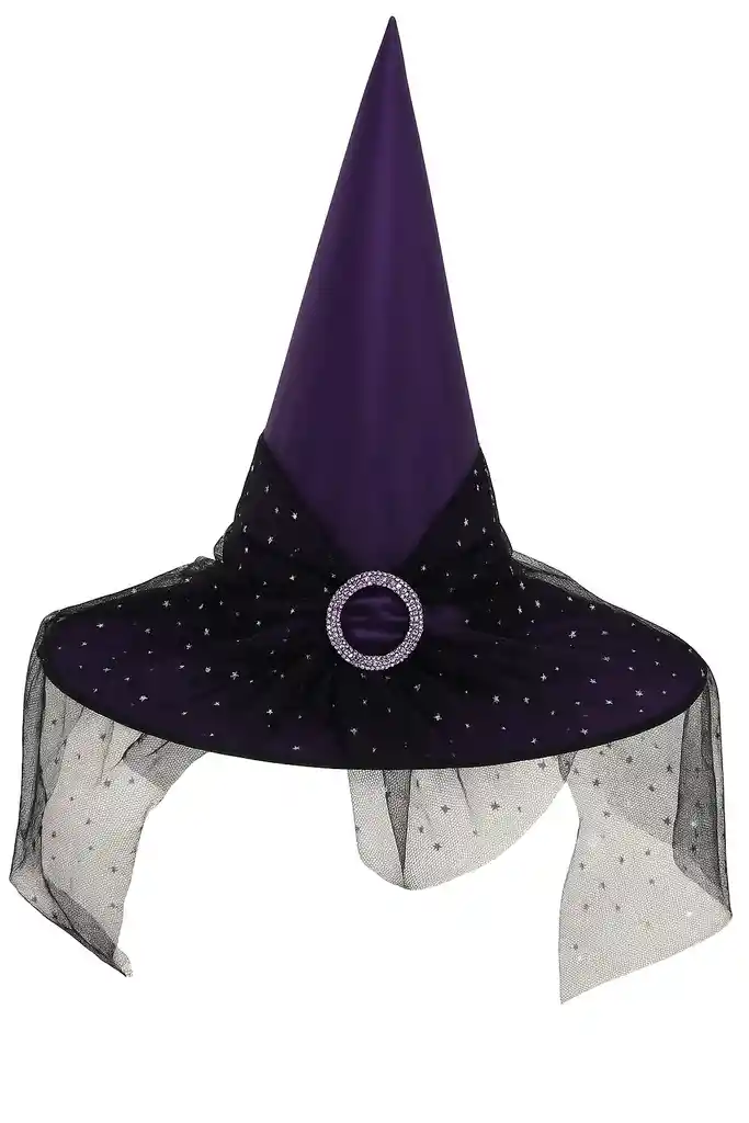 Sombrero Para Bruja Morado Con Velo Negro Halloween Disfraz