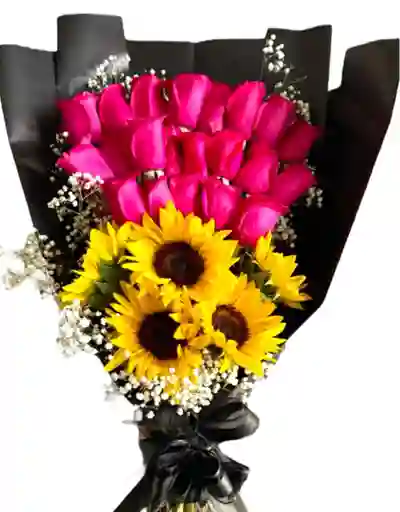 Flores Rosas Fucsia Y Girasoles En Ramillete