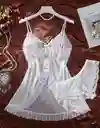 Babydoll Pijama Suave Lencería De Malla Transparencia Y Encaje Blanco