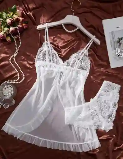 Babydoll Pijama Suave Lencería De Malla Transparencia Y Encaje Blanco