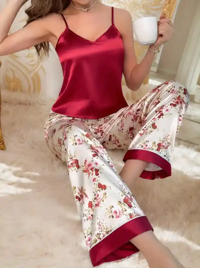 Pijama Satín Suave Conjunto 2 Piezas Estampado