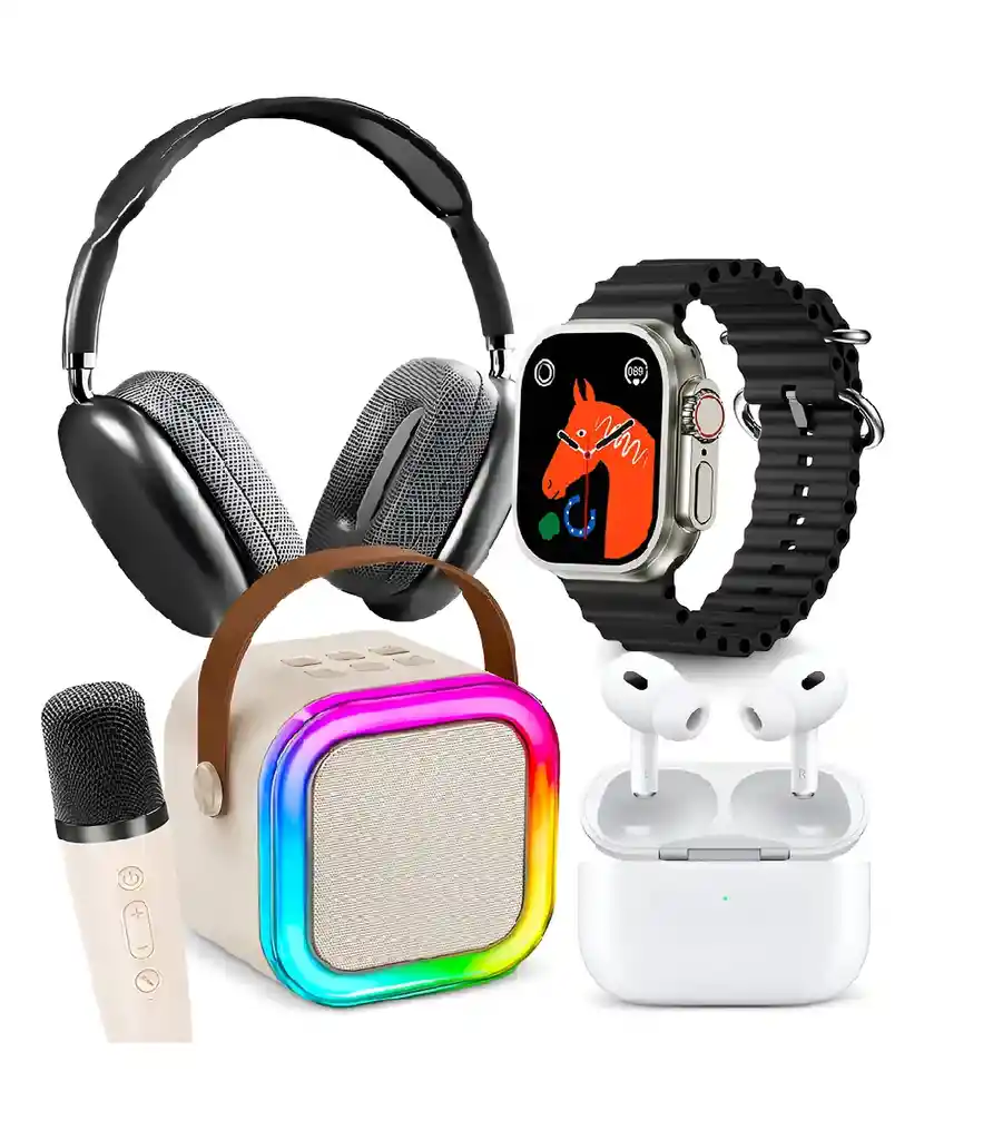 Combo Smartwatch Reloj Audifonos Parlante Microfono Negro Negro