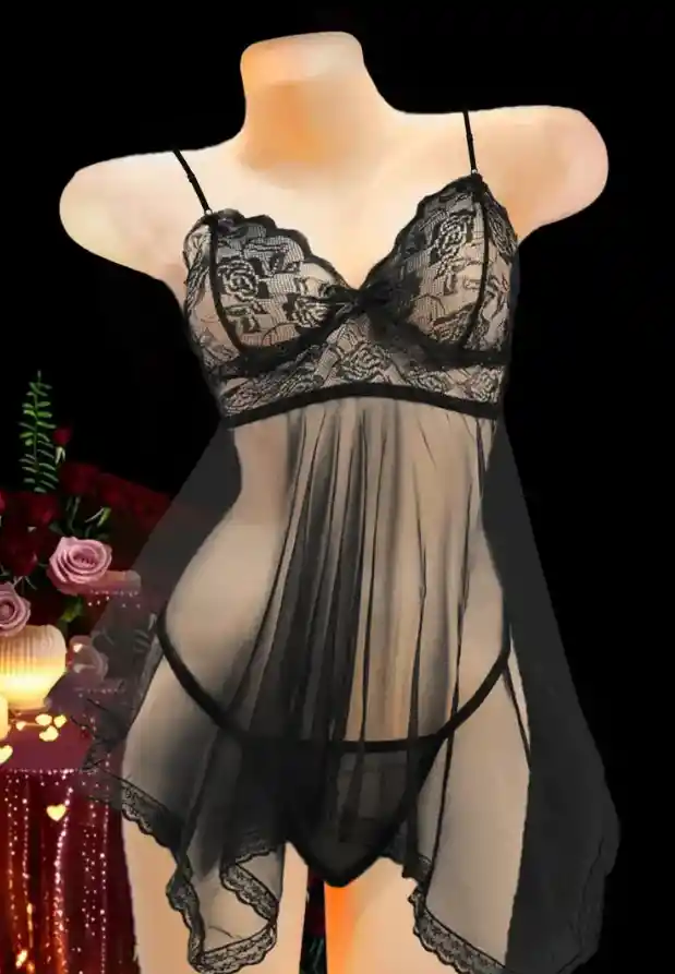 Babydoll Pijama Lencería De Malla Transparencia Y Encaje Negro