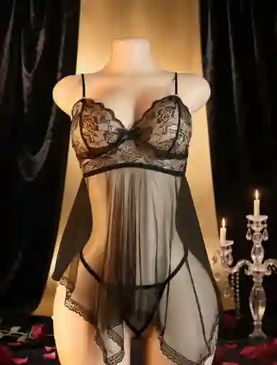 Babydoll Pijama Lencería De Malla Transparencia Y Encaje Negro