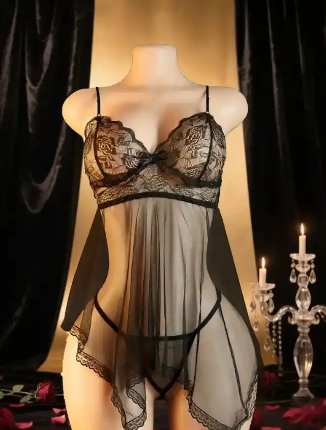 Babydoll Pijama Lencería De Malla Transparencia Y Encaje Negro
