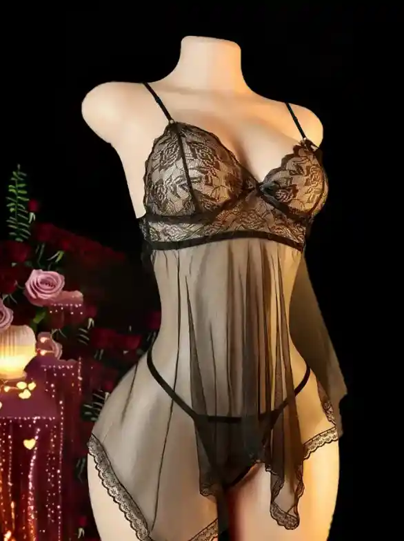 Babydoll Pijama Lencería De Malla Transparencia Y Encaje Negro