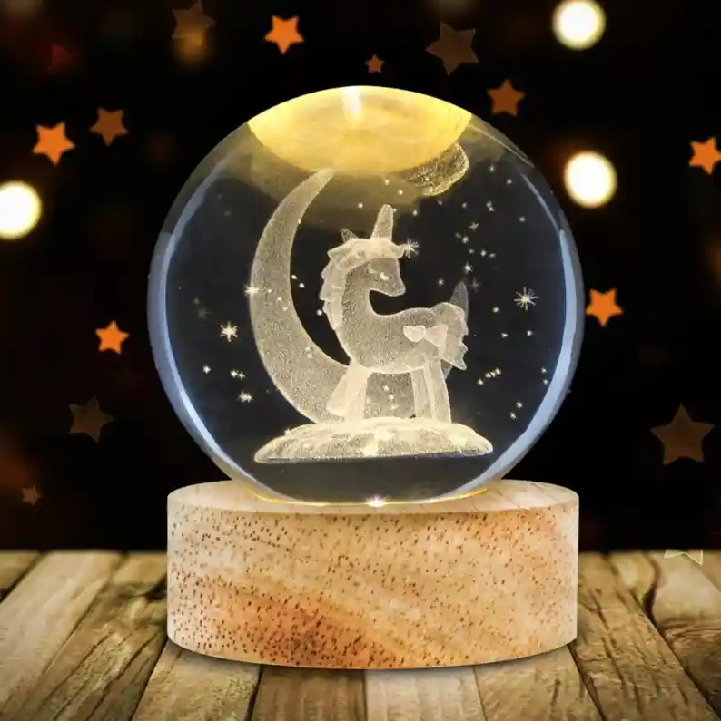 Lámpara Esfera De Cristal Unicornio En Luna