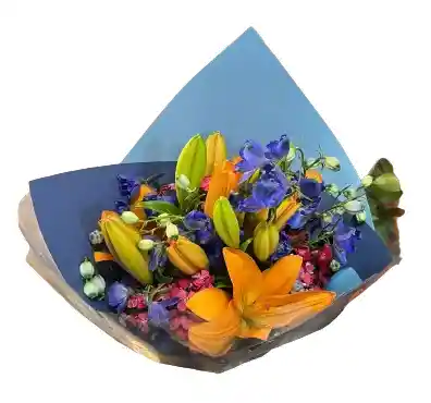 Ramo Premium De Lirios Naranjas Y Delphinium Azul