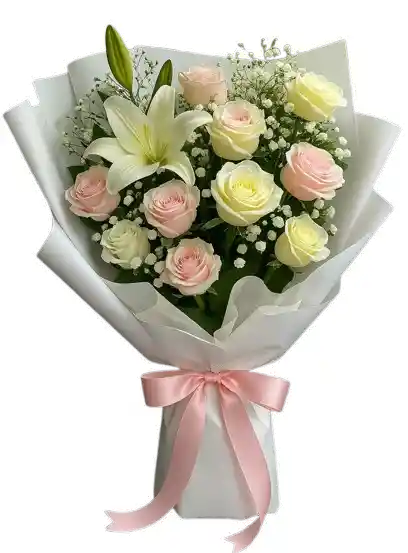 Ramo Pastel Elegante – Lirio Blanco Y Rosas