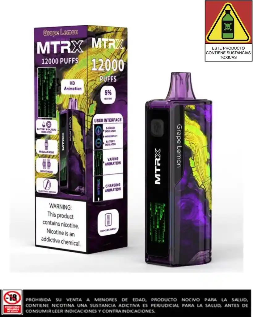 Vapeador Mtrx Grape Lemon 12.000 Puffs