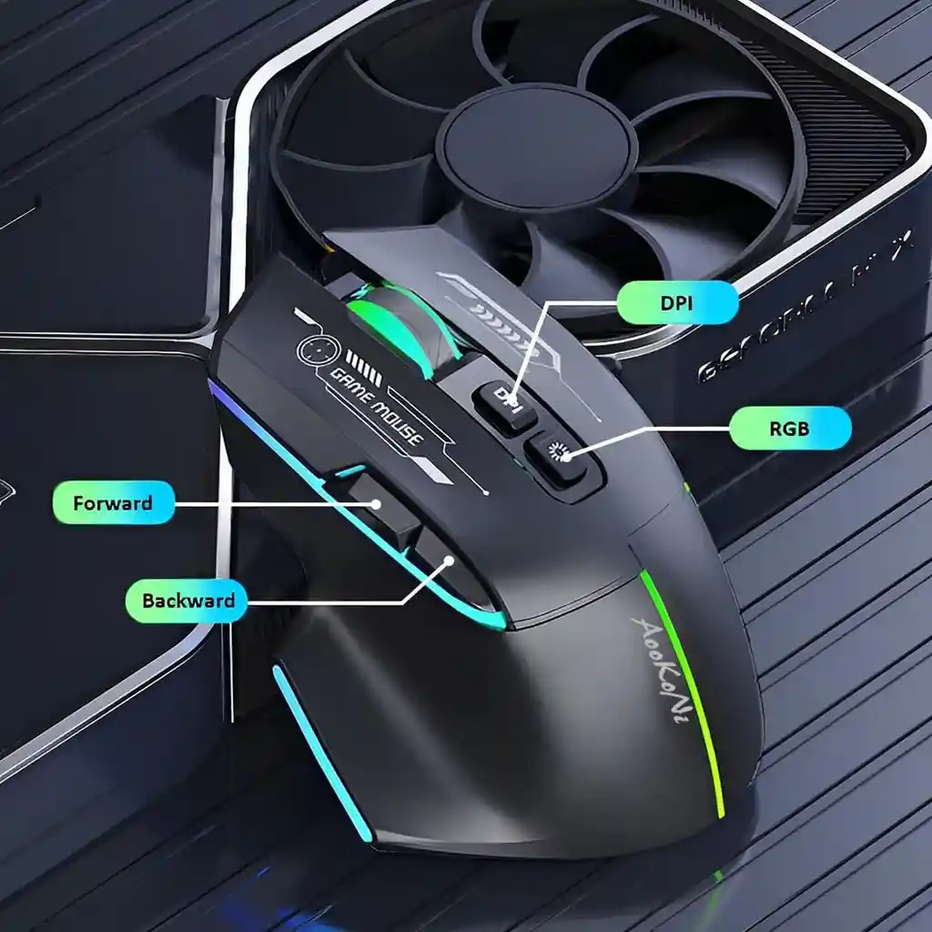 Mouse Inalámbrico Para Juegos, Mouse Ergonómico Con 5 Dpi Ajustables Hasta 7200, Luces De Respiración Rgb