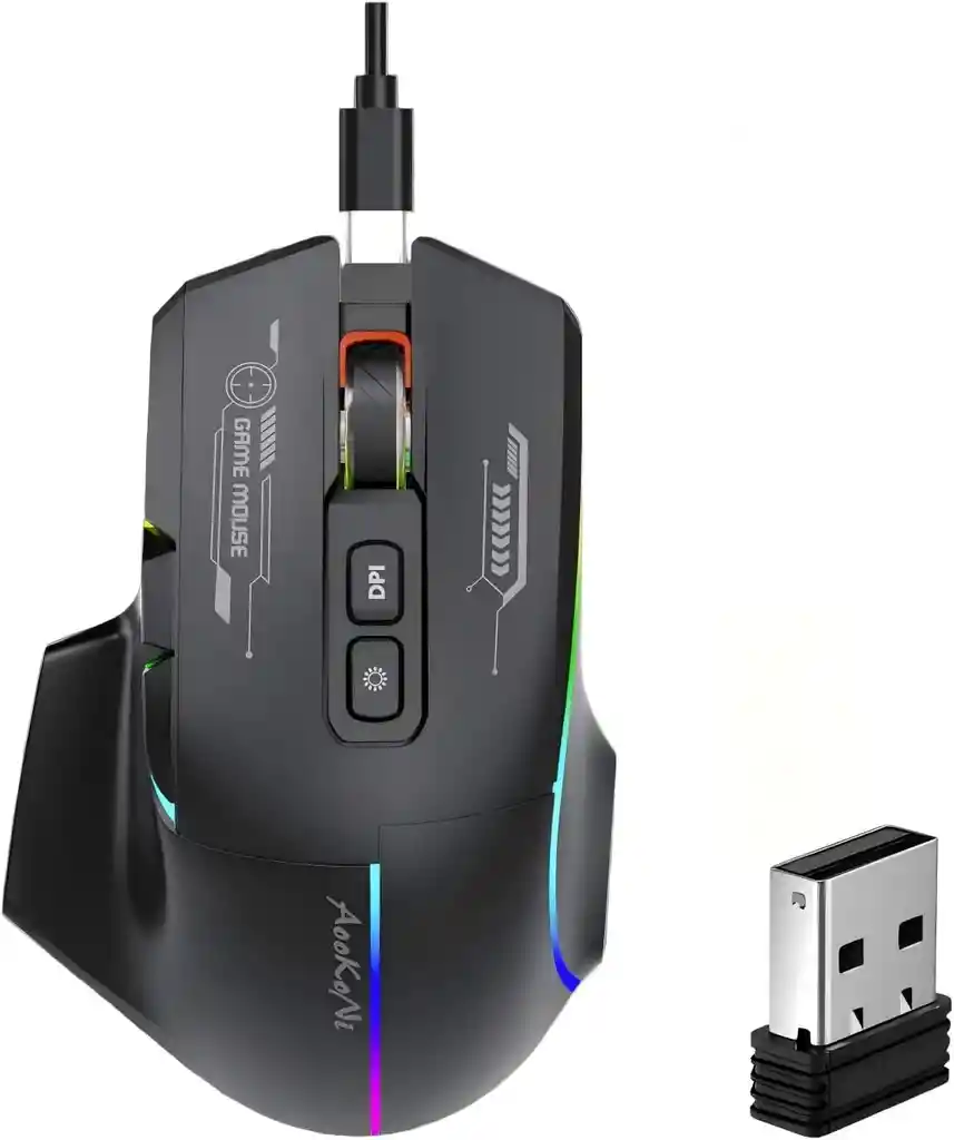 Mouse Inalámbrico Para Juegos, Mouse Ergonómico Con 5 Dpi Ajustables Hasta 7200, Luces De Respiración Rgb