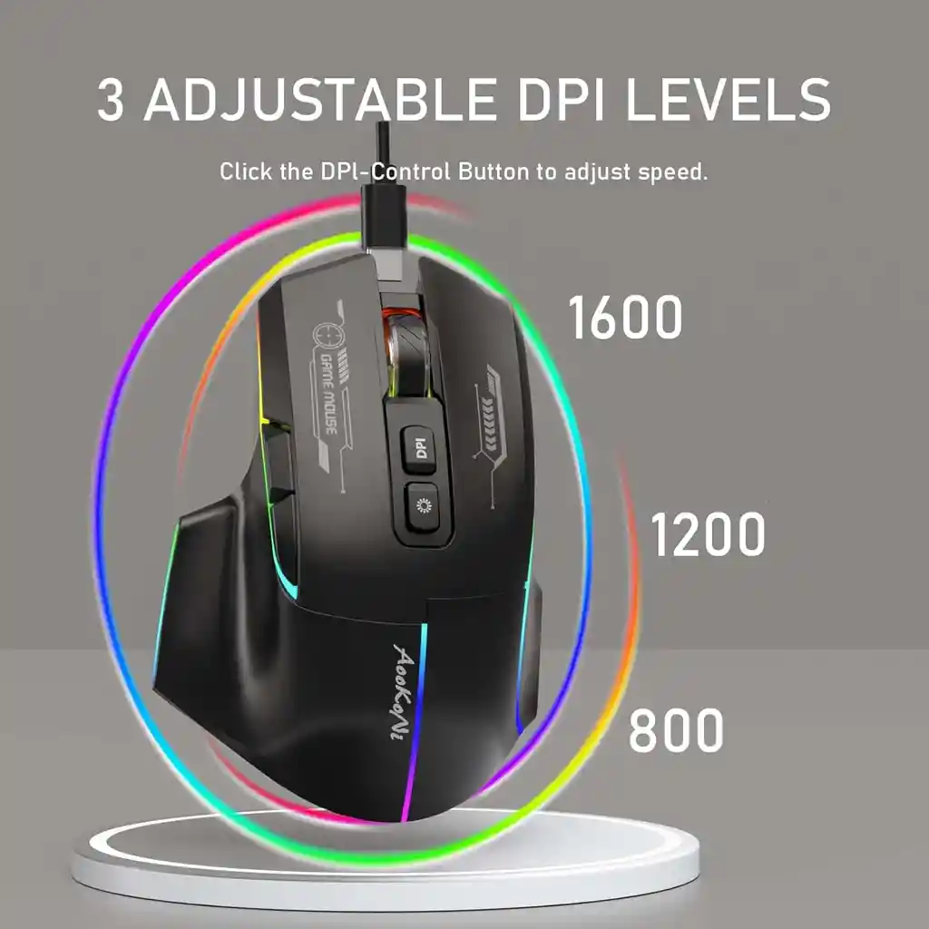 Mouse Inalámbrico Para Juegos, Mouse Ergonómico Con 5 Dpi Ajustables Hasta 7200, Luces De Respiración Rgb