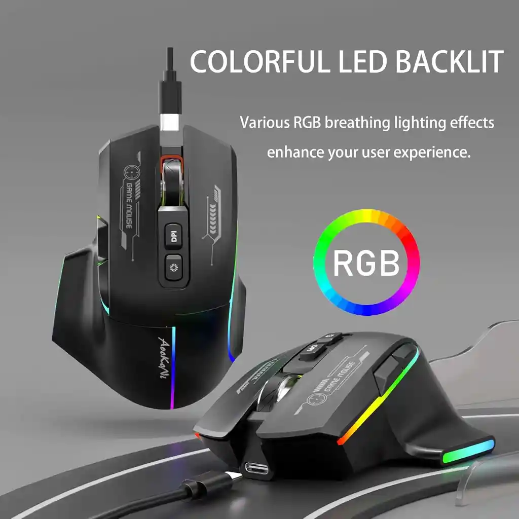 Mouse Inalámbrico Para Juegos, Mouse Ergonómico Con 5 Dpi Ajustables Hasta 7200, Luces De Respiración Rgb