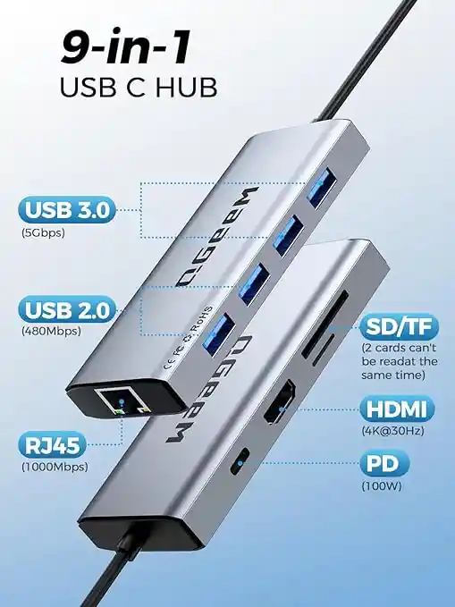 Hub Usb C Ethernet, 9 En 1 Usb Tipo C Hub Hdmi Adaptador Convertidor Multipuerto, 100 W Pd, Usb 3.0, Lector De Tarjetas Sd/tf, Compatible Con Macbook