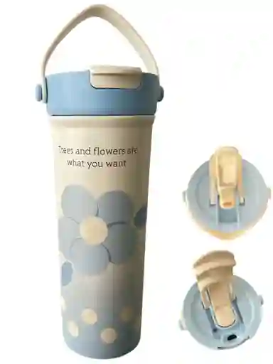 Termo En Acero Doble Capa Floral Azul De 500ml Mantiene Bebidad Frio O Caliente