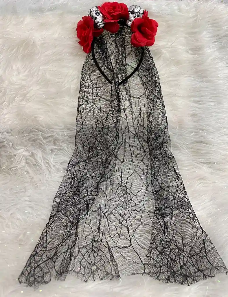 Balaca Diadema Catrina Con Flores Y Calavera Y Velo Disfraz Halloween