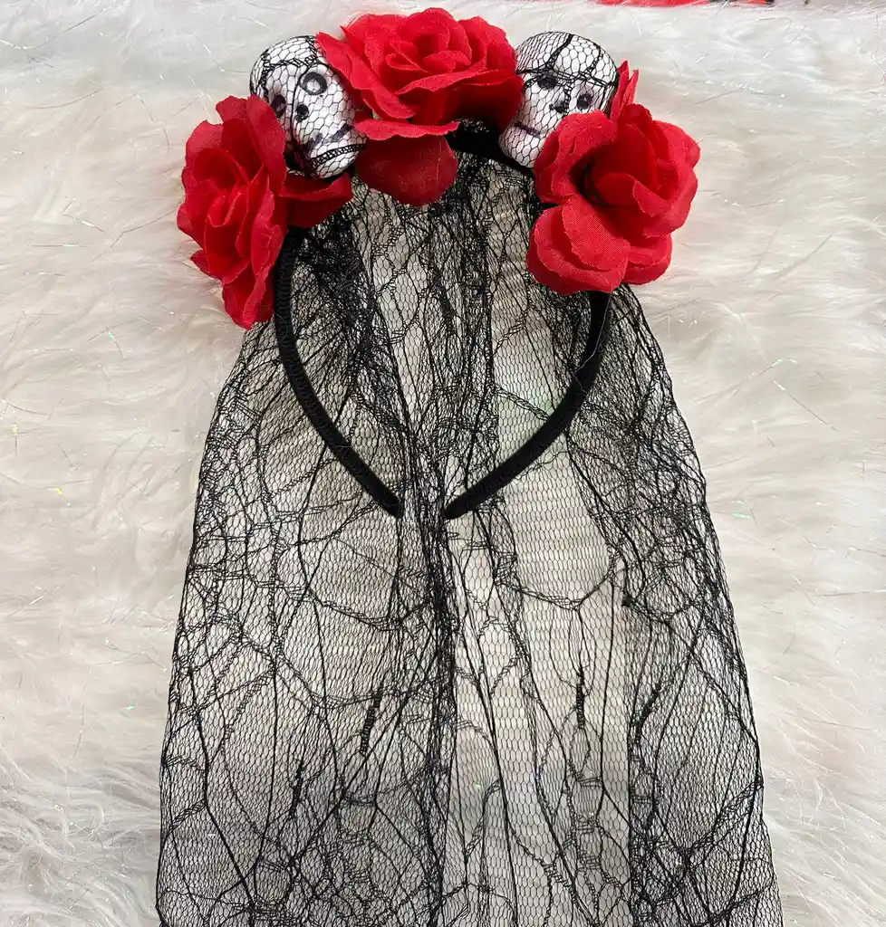 Balaca Diadema Catrina Con Flores Y Calavera Y Velo Disfraz Halloween
