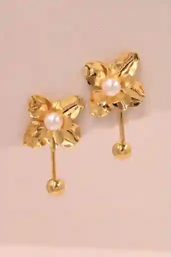 Aretes Flor Dorada Con Perla Y Dije Colgante