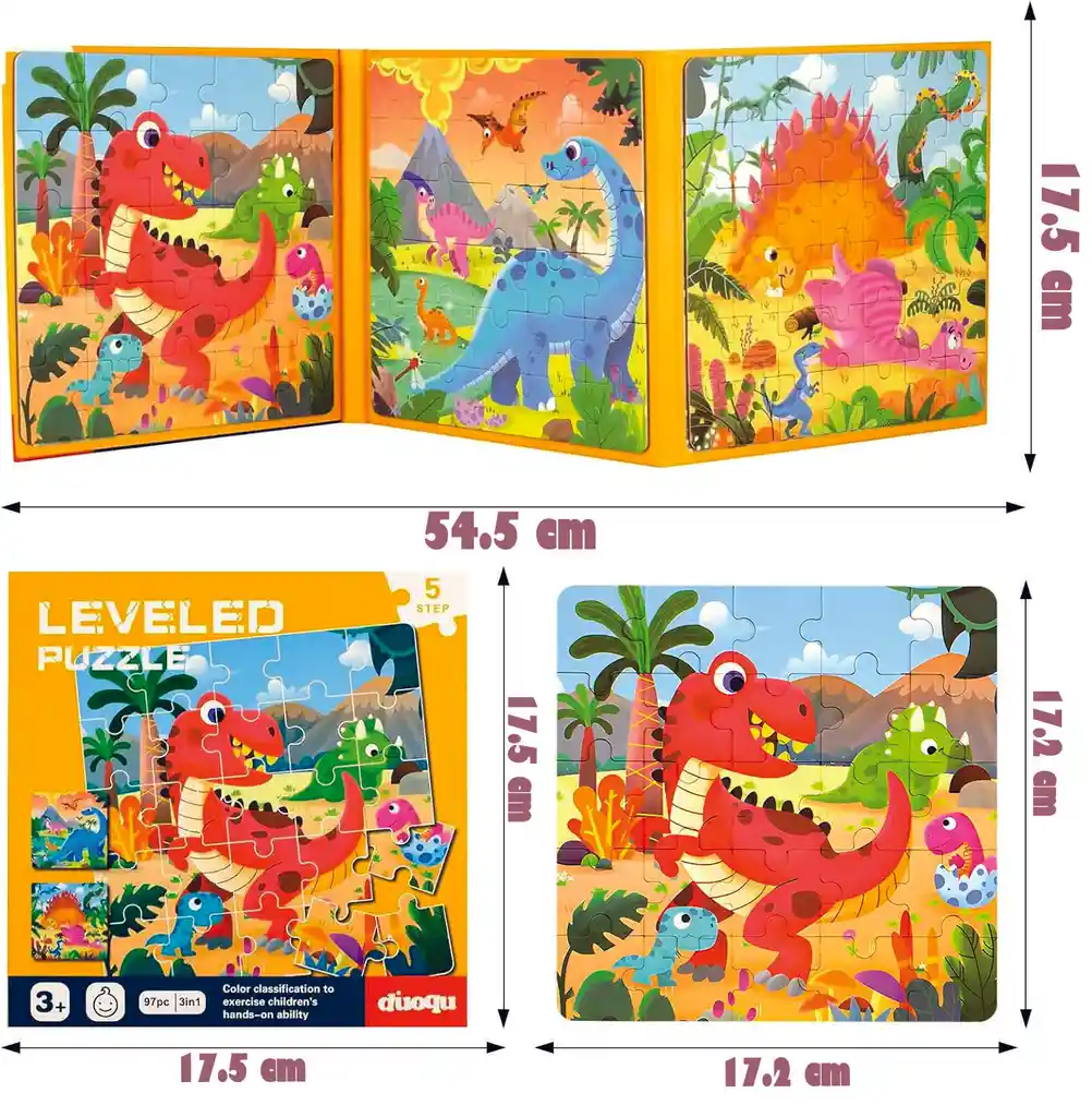 Libro Rompecabeza Magnético 3 En 1 Tema Dinosaurio