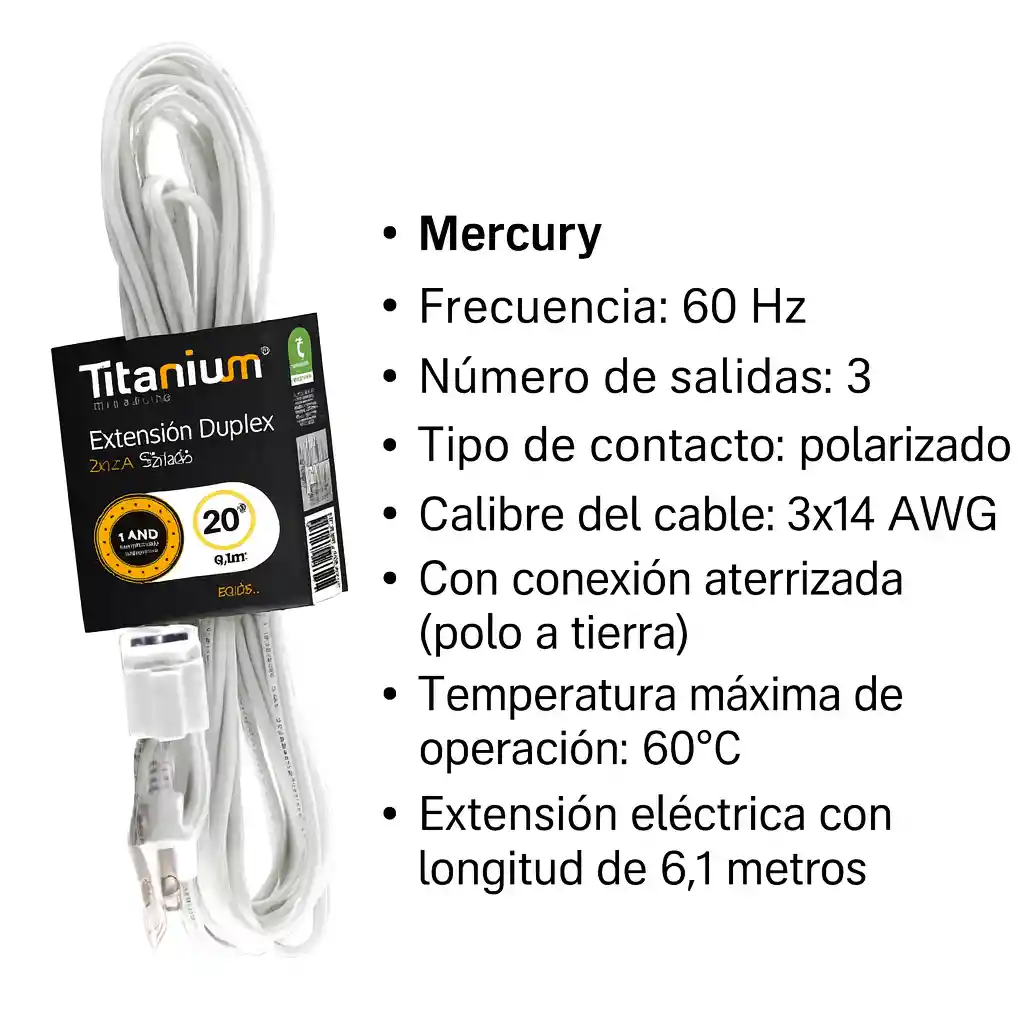 Extensión Eléctrica 6.1 Metro Mercury 3 Salidas 2x14 Polarizada Tierra