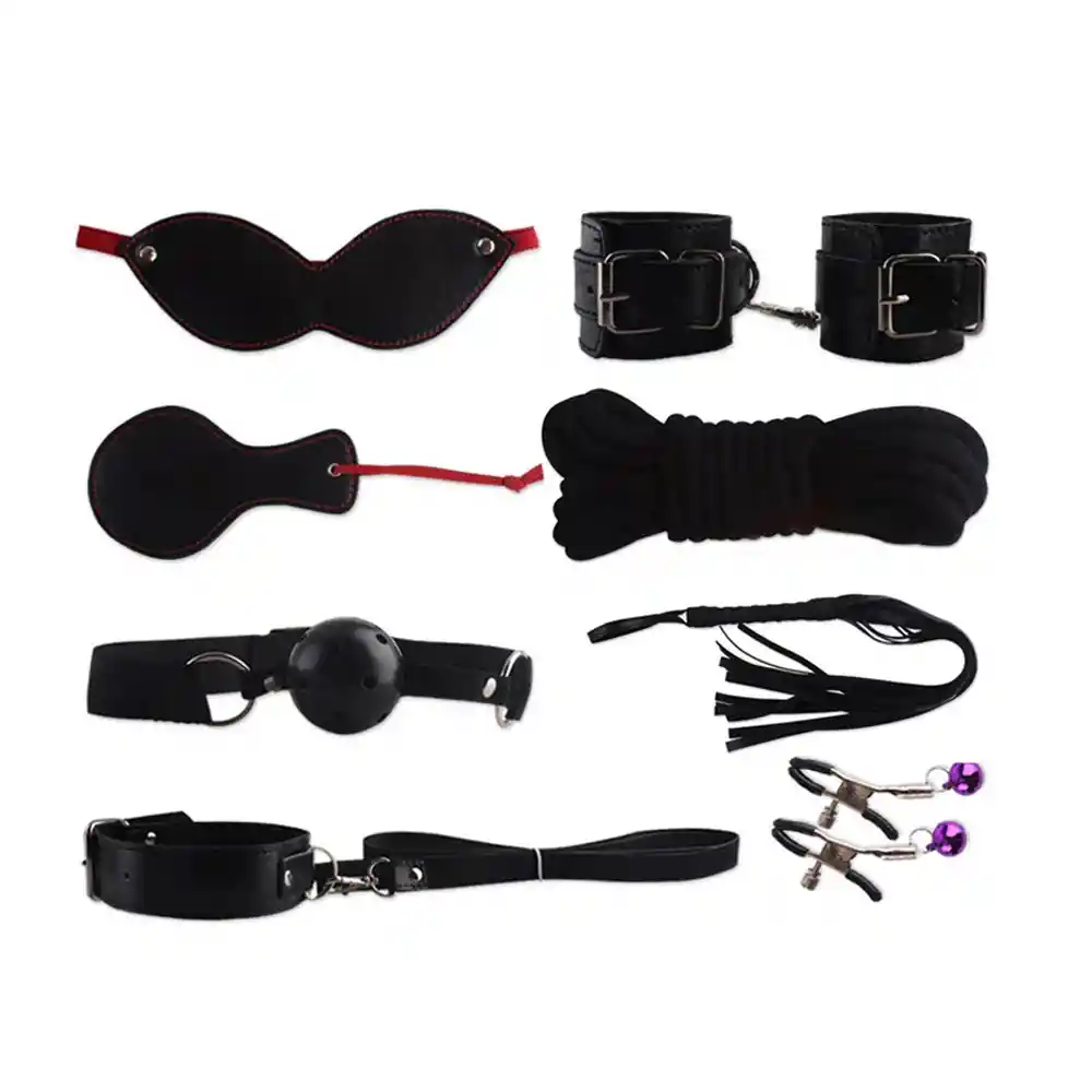 Kit Sado 8piezas Bdsm Sadomasoquismo Bondage Humillación Juego En Pareja Black Control Y Placer