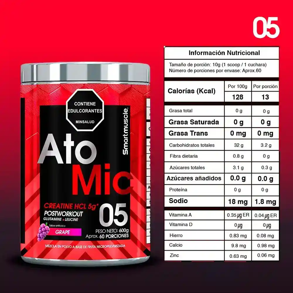 Creatina Smart Muscle Atomic 600gr Hcl Sabor Uva (60 Serv).