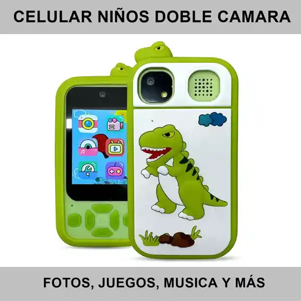 Camara Tipo Celular Doble Kids Niños Dinosaurio Verde