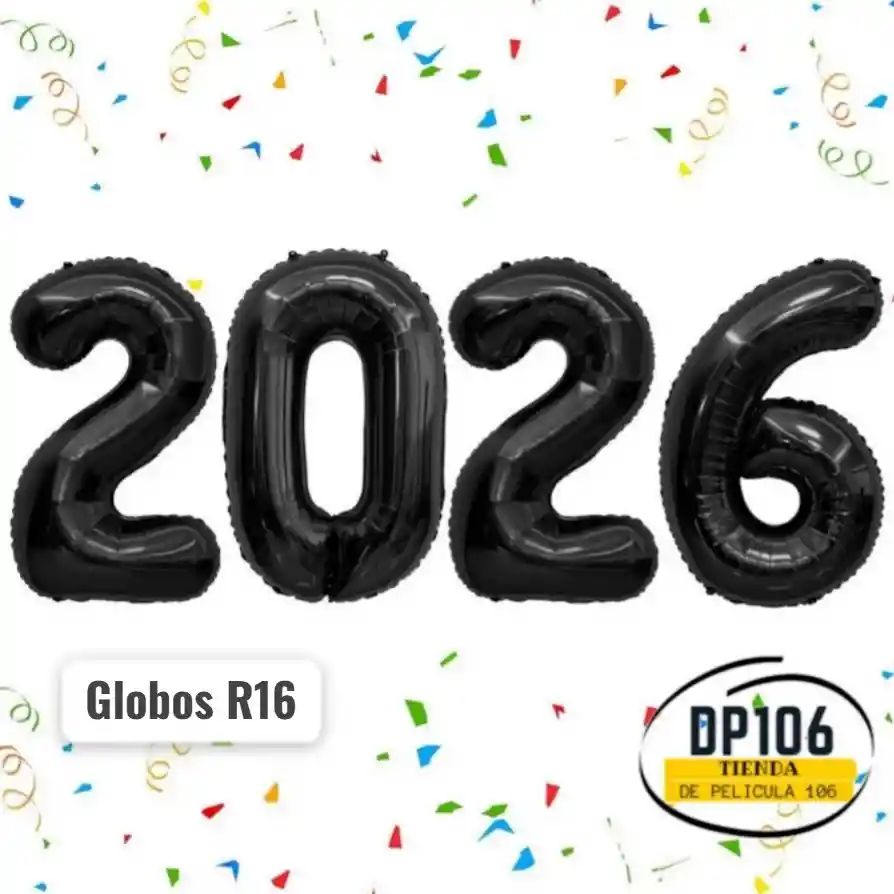 2026 Globos Negro R16 Feliz Año Nuevo Metalizado Mediano