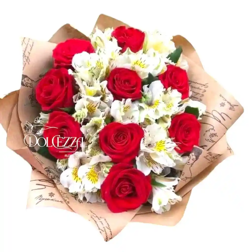 Flores Rosas Rojas Y Astromelia Blanca