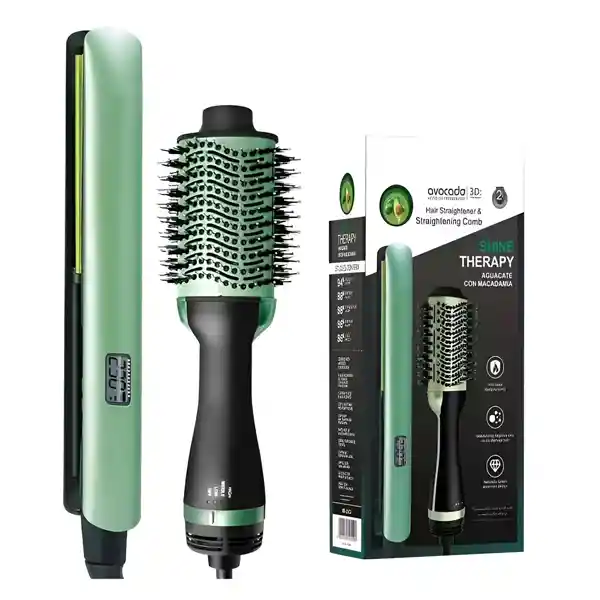 Combo Cepillo Secador Para Cabello Y Plancha Aguacate