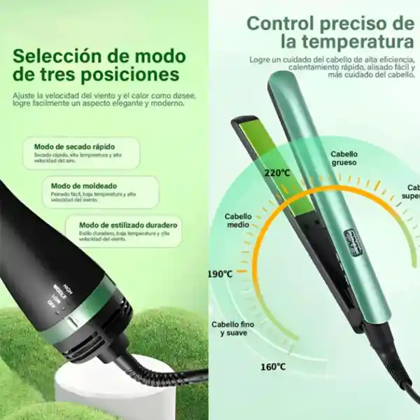 Combo Cepillo Secador Para Cabello Y Plancha Aguacate
