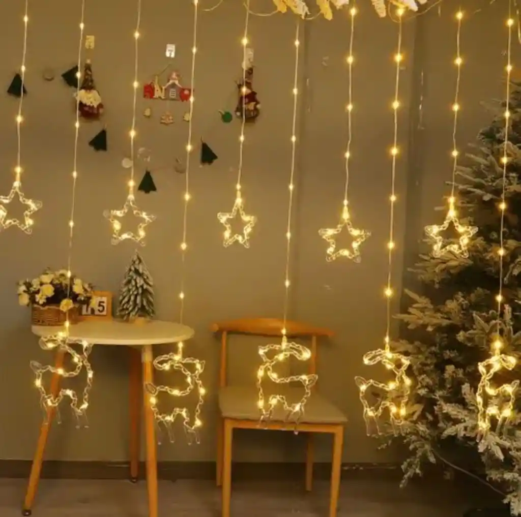 Instalacion Luces Led Navidad Cortina Punta Estrella Y Reno X10pcs X 3mts Calida