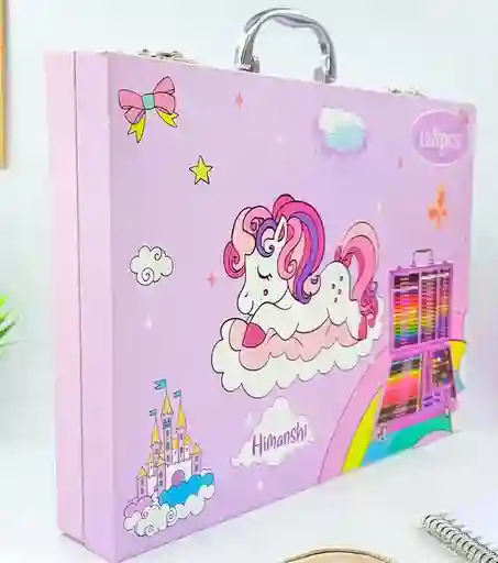 Set Kit De Arte Y Dibujo Tipo Maleta Unicornio 128 Piezas Para Niña Ref. 128-2